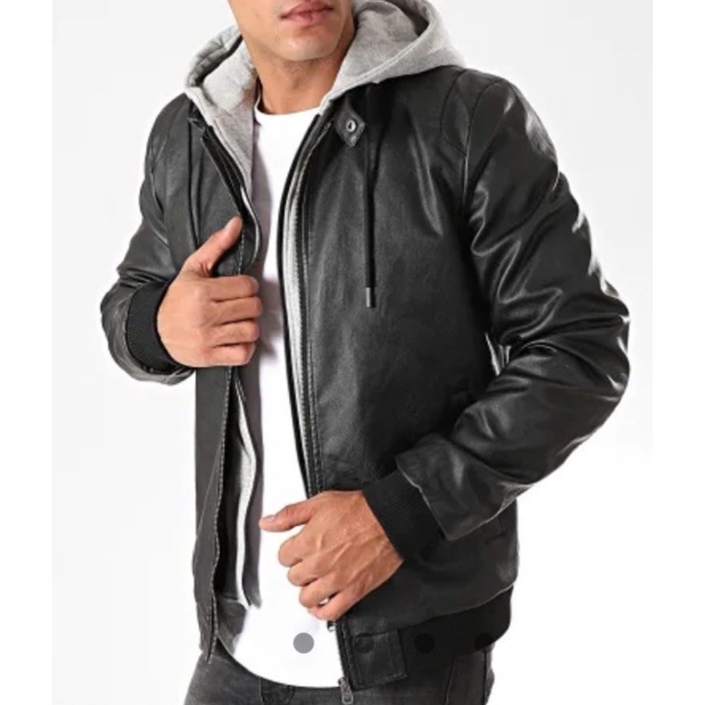 Tiffosi Mens Black Faux Leather‎ L/S Full-Zip Bomber Jacket Size XXL Hooded